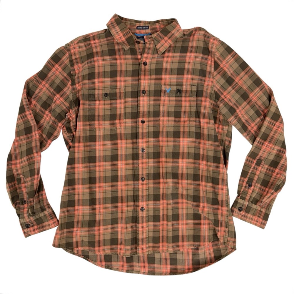 Vintage American Eagle Men's Size XL Orange Brown Plaid Button Up Pockets Logo